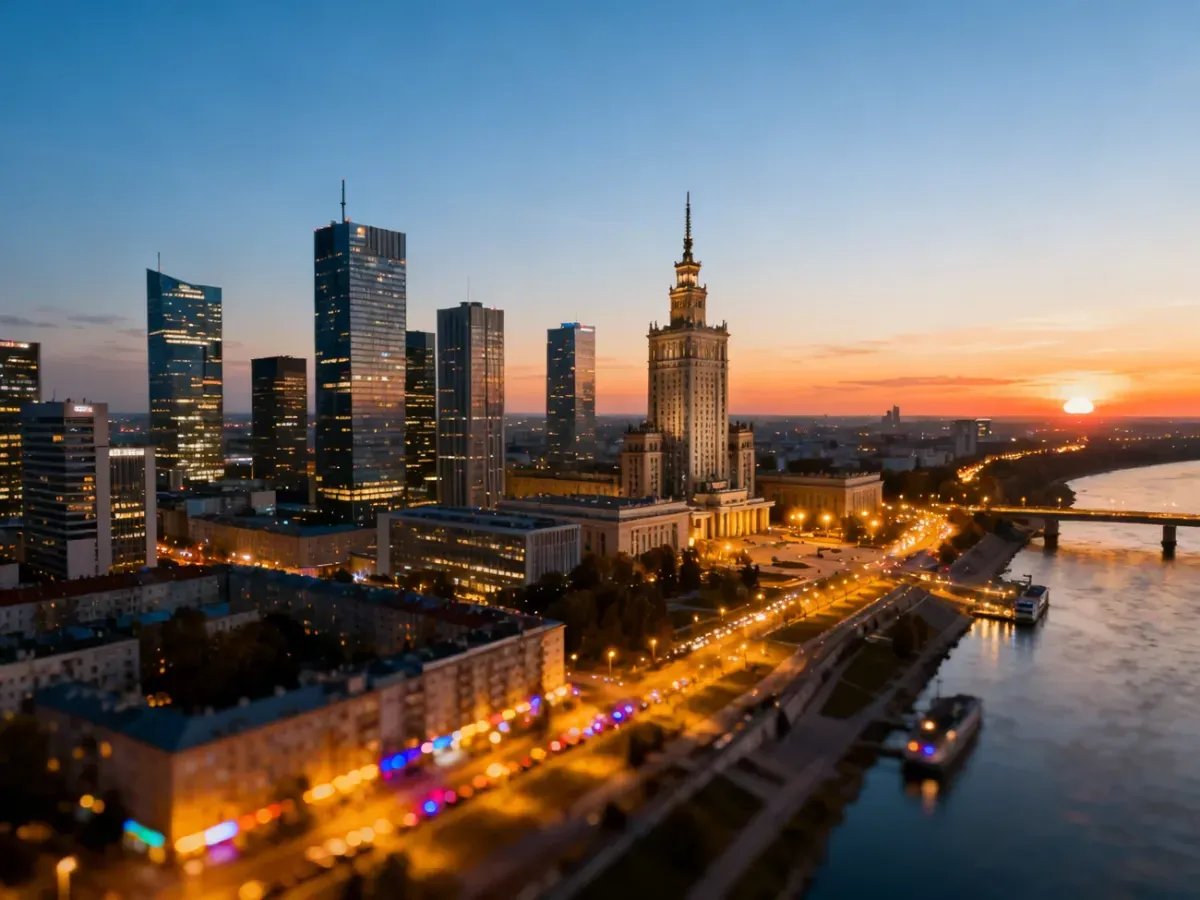 Panorama Warszawy o zachodzie słońca z widocznymi wieżowcami, Pałacem Kultury i rzeką Wisłą.