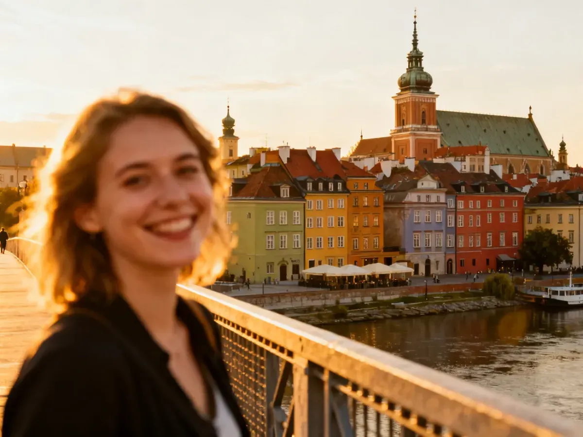 Uśmiechnięta kobieta na tle panoramy warszawskiej Starówki o zachodzie słońca.