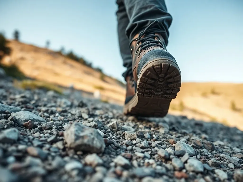 Buty trekkingowe stąpające ostrożnie po kamienistym szlaku górskim, pokazujące bezpieczne i stabilne chodzenie po skałach.