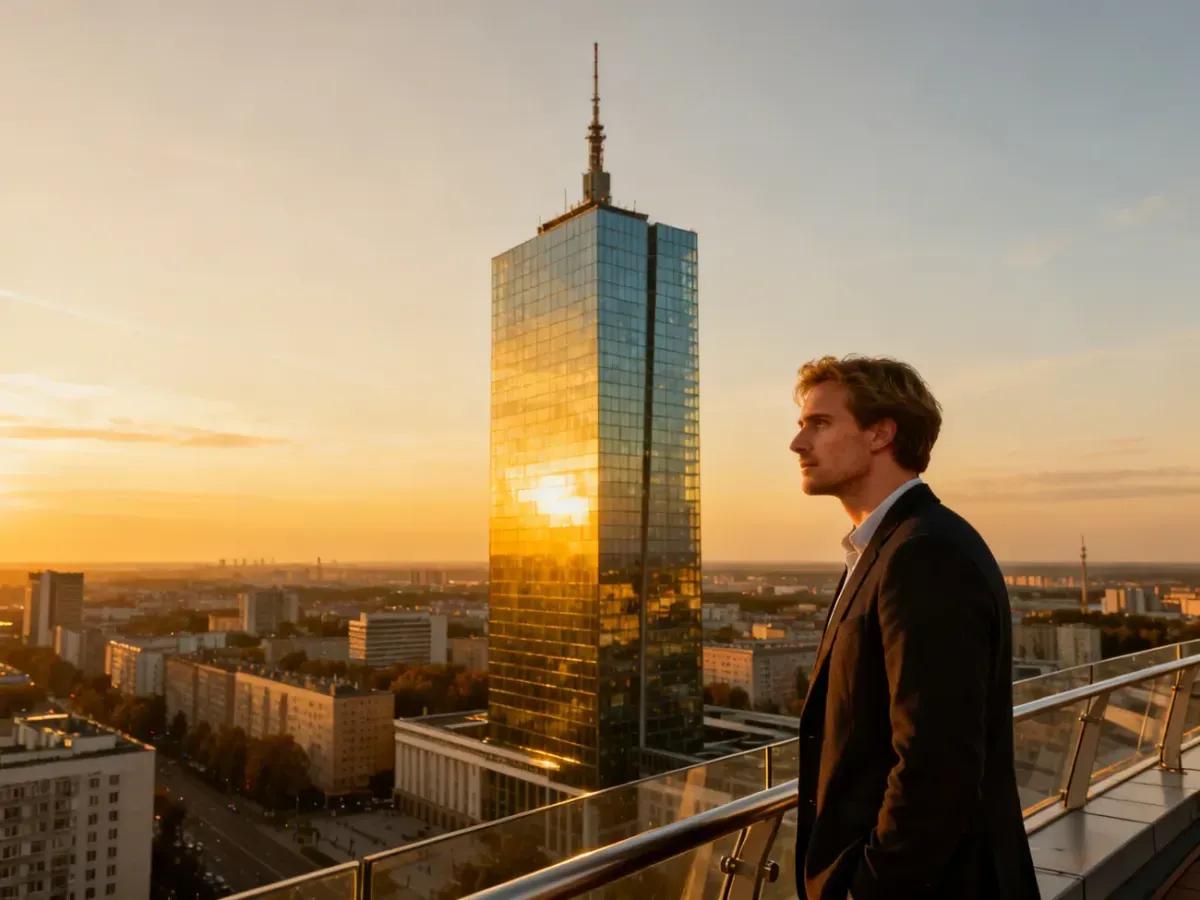 Mężczyzna podziwiający panoramę Warszawy z nowoczesnego punktu widokowego na tle górującego nad miastem wieżowca w zachodzie słońca.
