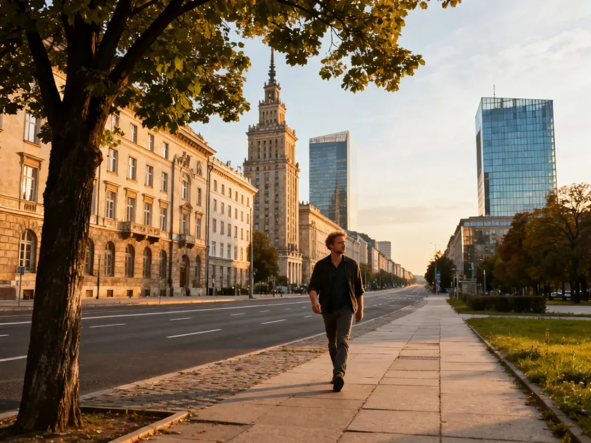 Widok na długą warszawską ulicę z historyczną i nowoczesną zabudową, po której spaceruje mężczyzna w promieniach słońca.