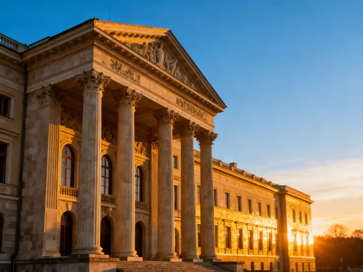 Odbudowany Pałac Saski w Warszawie o zachodzie słońca, ukazujący majestatyczną architekturę klasycystyczną.