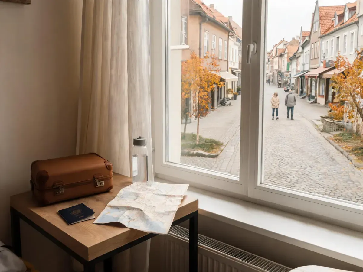 Walizka i podróżne niezbędniki w hostelu, w tle spokojna europejska ulica poza sezonem, jesienna, budżetowa podróż