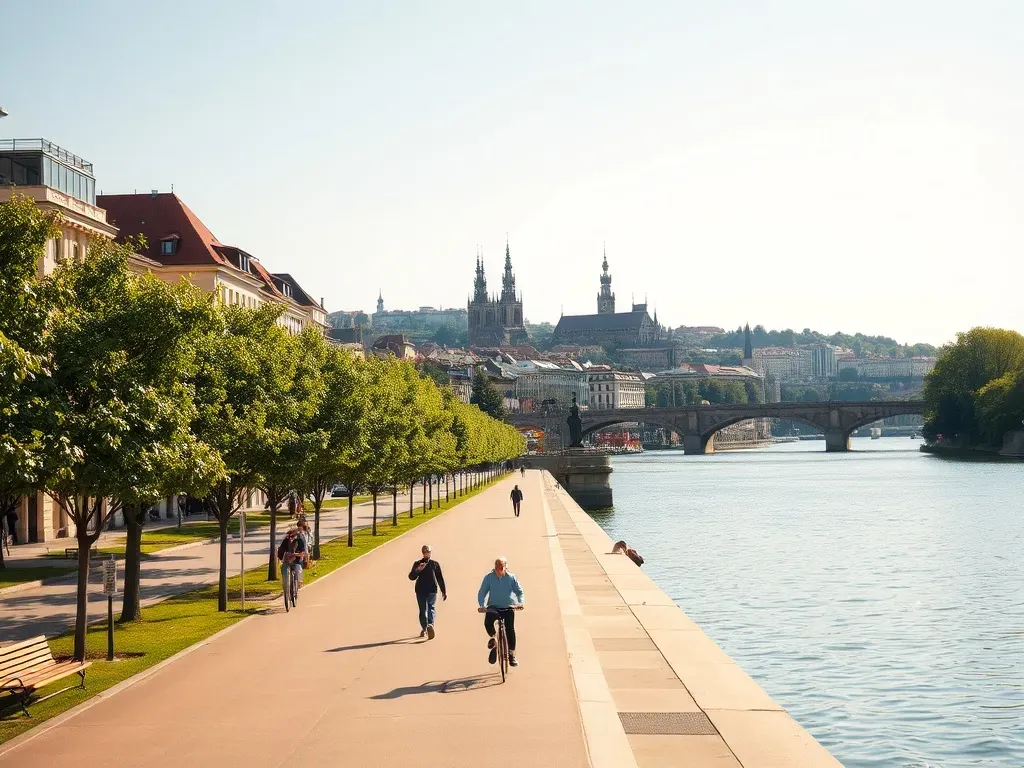 Promenada nad Odrą we Wrocławiu w słoneczne popołudnie, spacerowicze i rowerzysta na tle zabytkowych kamienic i kościołów