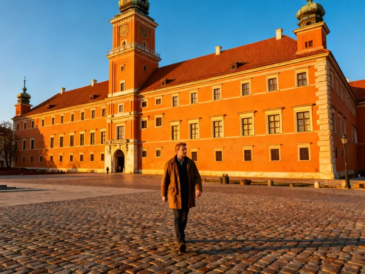Zamek Królewski w Warszawie o zachodzie słońca z przechodniem na brukowanym placu przed wejściem.