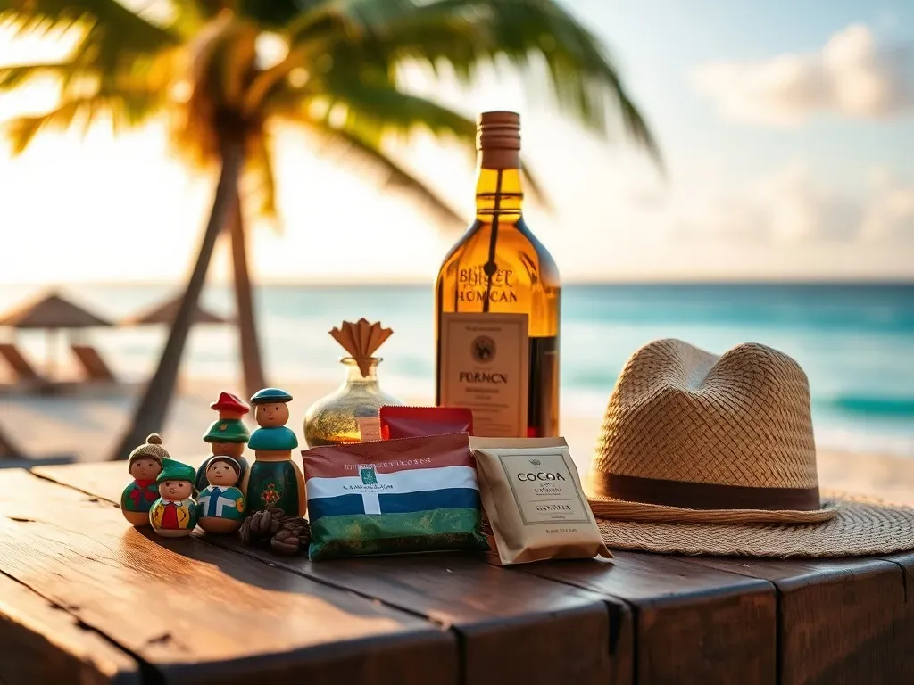 Kolorowe dominikańskie pamiątki na drewnianym stole na tle plaży: rum, kawa, kakao, figurki i słomkowy kapelusz