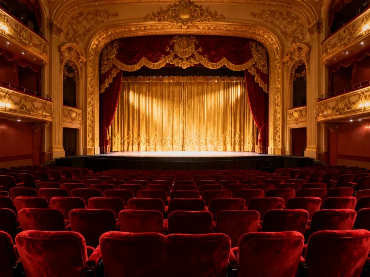 Widownia Teatru Współczesnego w Warszawie z czerwonymi fotelami i oświetloną, ozdobną sceną z ciężkimi kurtynami.