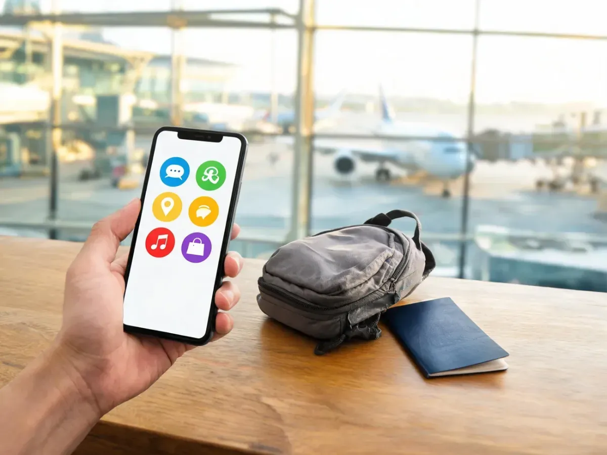 Smartfon z kolorowymi ikonami aplikacji obok plecaka i paszportu na stole, w tle rozmyte wnętrze lotniska