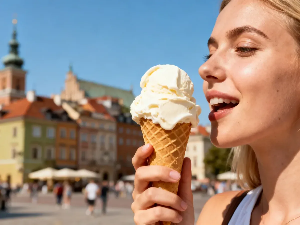 Ręcznie robione lody w wafelku trzymane przez kobietę na tle słonecznej, zabytkowej ulicy Warszawy.