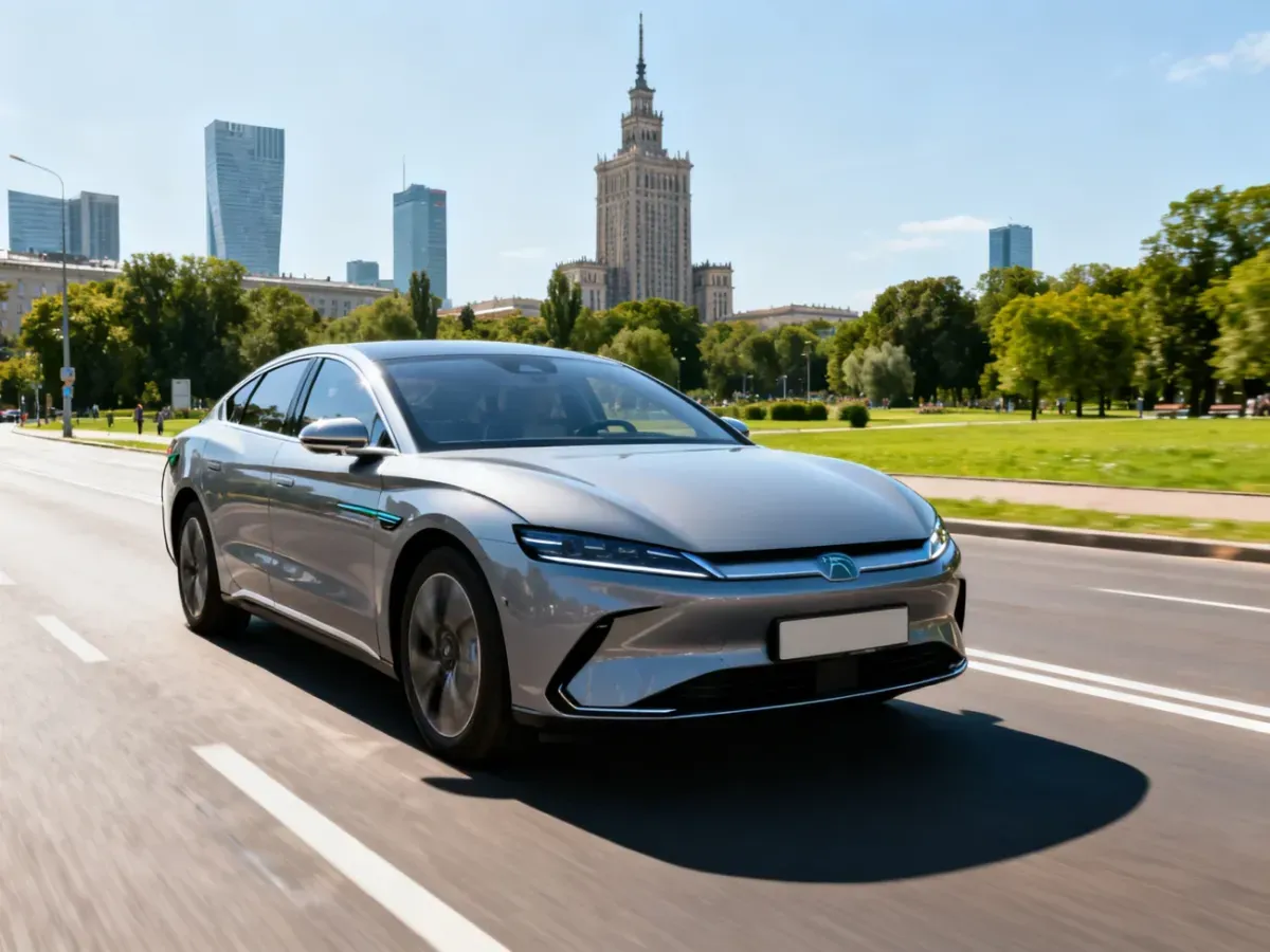 Nowoczesny samochód elektryczny jadący ulicą Warszawy w otoczeniu zieleni i charakterystycznej architektury miasta.