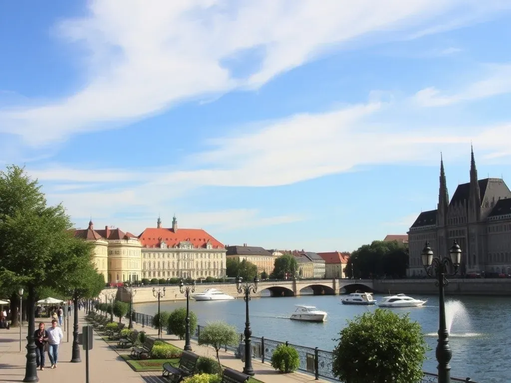 Spacerowa promenada nad Odrą w Szczecinie z ławkami, drzewami, zacumowanymi łódkami i historycznymi budynkami w tle.