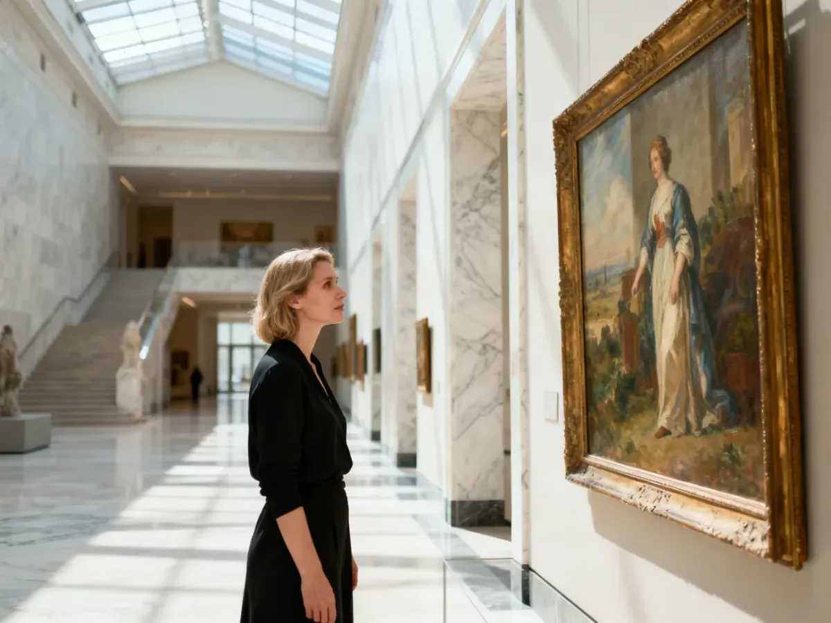 Elegancka kobieta podziwiająca wielkoformatowy obraz w nowoczesnych, słonecznych wnętrzach warszawskiego muzeum.