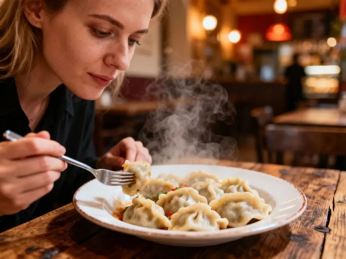 Talerz parujących, tradycyjnych pierogów na drewnianym stole w przytulnej warszawskiej restauracji.
